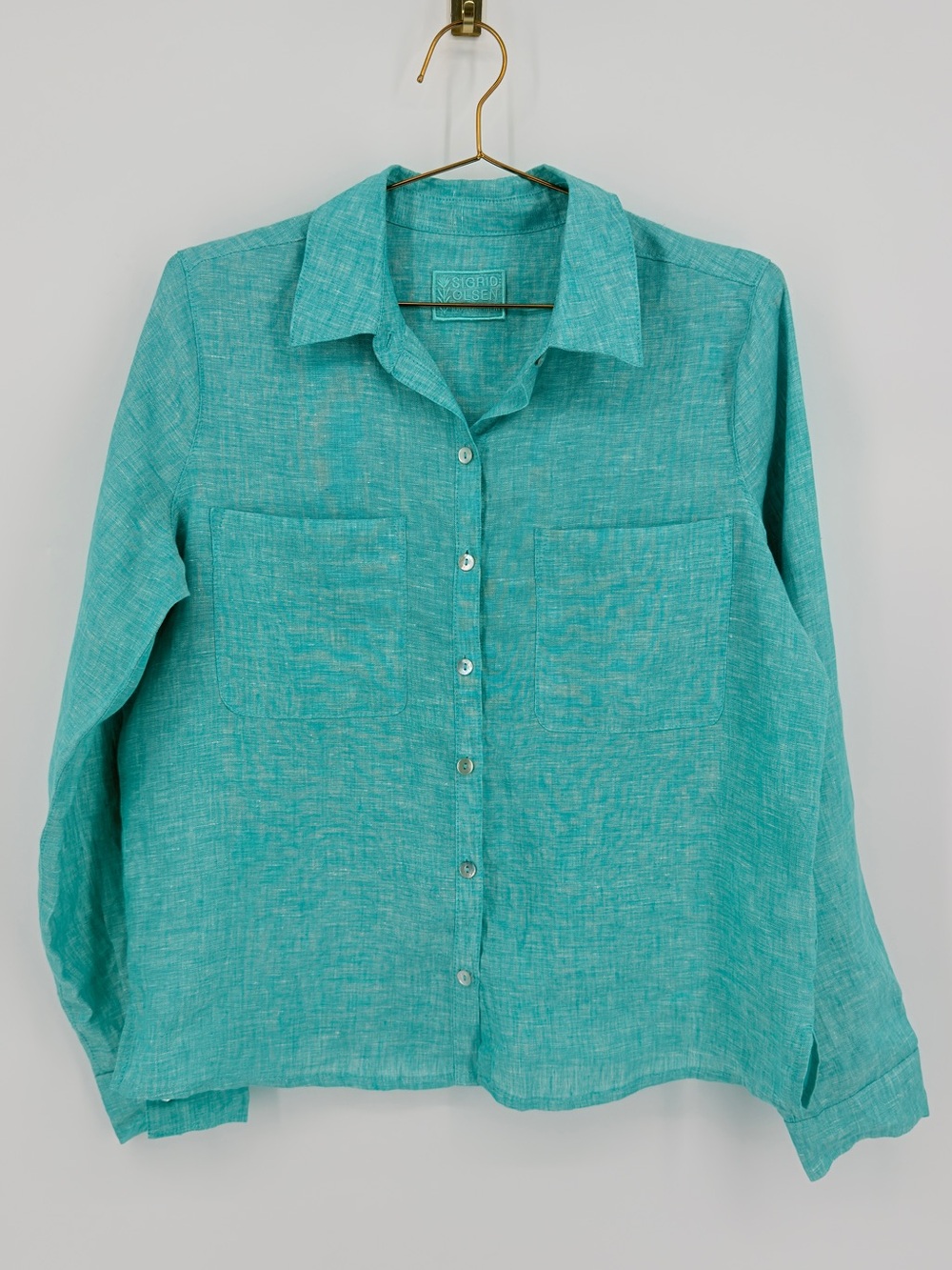 Sigrid Olsen 100% Linen Turquoise Button Down Shirt Top Medium M